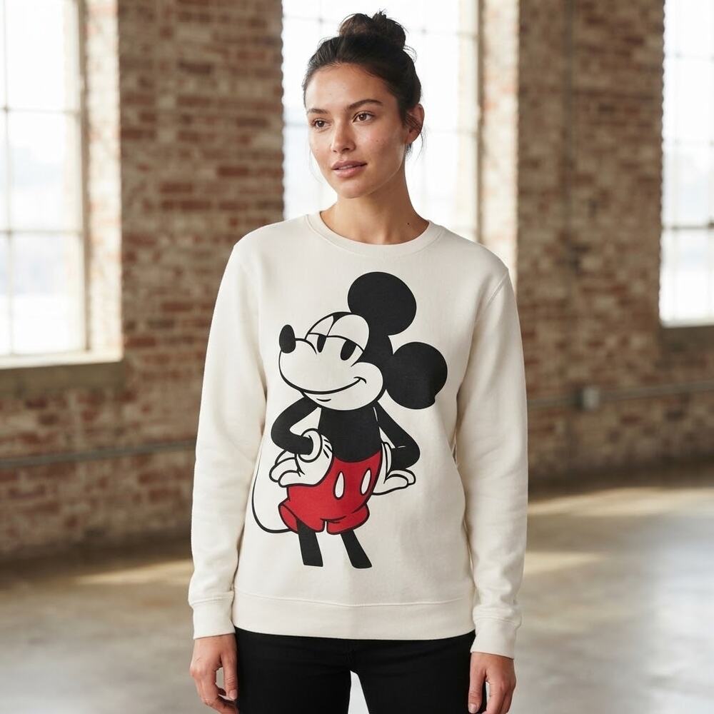 Disney Mickey Mouse White Crewneck Sweatshirt Graphic Print Womens Size medium